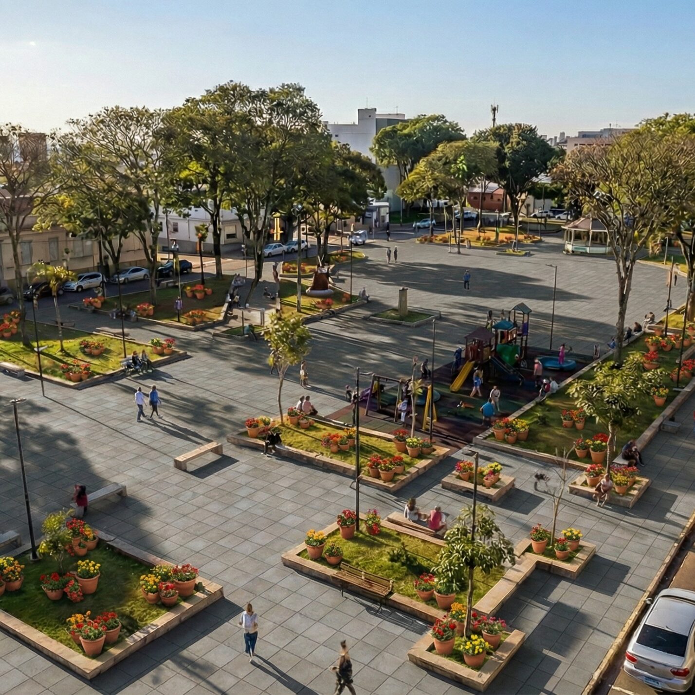 No entorno, o projeto prevê reorganização viária, com inserção de via elevada e troca do piso, além de novas vagas de estacionamento