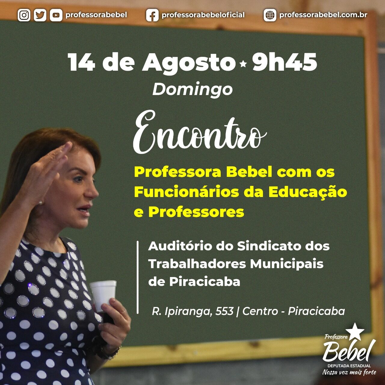 12-08-Bebel (encontro) 1 Encontro será na sede do Sindicato dos Trabalhadores Municipais de Piracicaba, na rua Ipiranga, 553. Foto: Divulgação